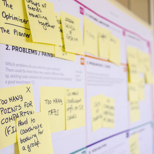 Tableau de planification rempli de post-its représentant l’analyse des besoins et problèmes clients, symbole du processus de conception mené par TkeeCode. Chaque projet est abordé avec une implication personnelle forte, dans une démarche sur mesure, humaine et engagée.