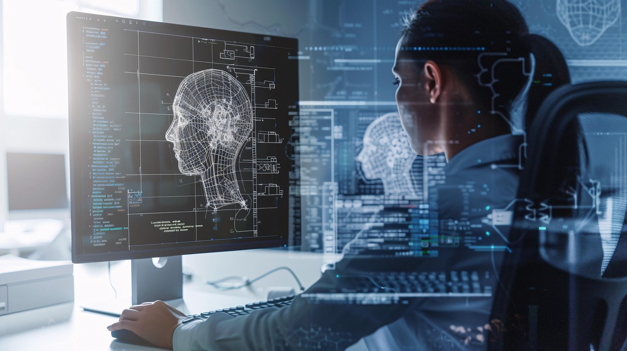 Personne devant un écran affichant un visage modélisé en 3D, symbolisant l’innovation technologique et les solutions numériques performantes proposées par TkeeCode.