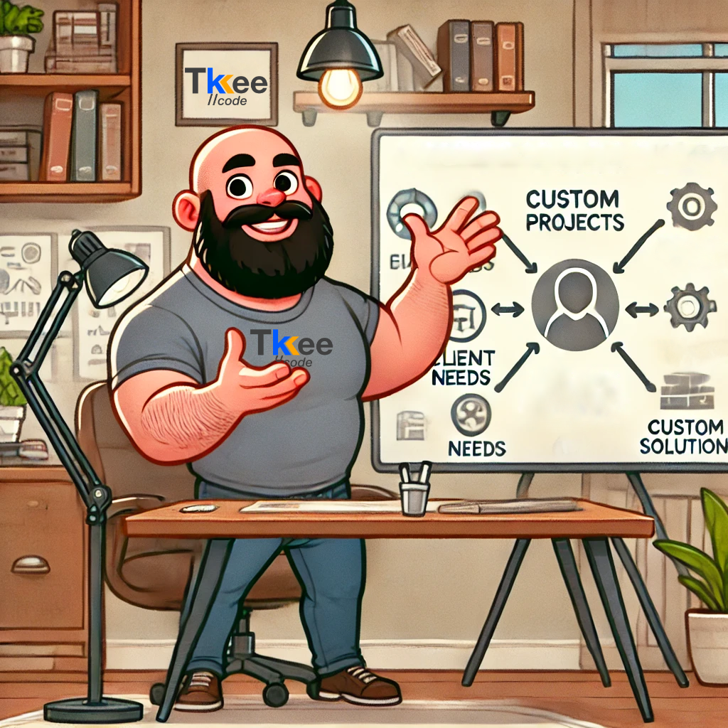 Illustration d’un développeur souriant présentant un tableau de solutions sur mesure, symbolisant l’engagement de TkeeCode à satisfaire ses clients.