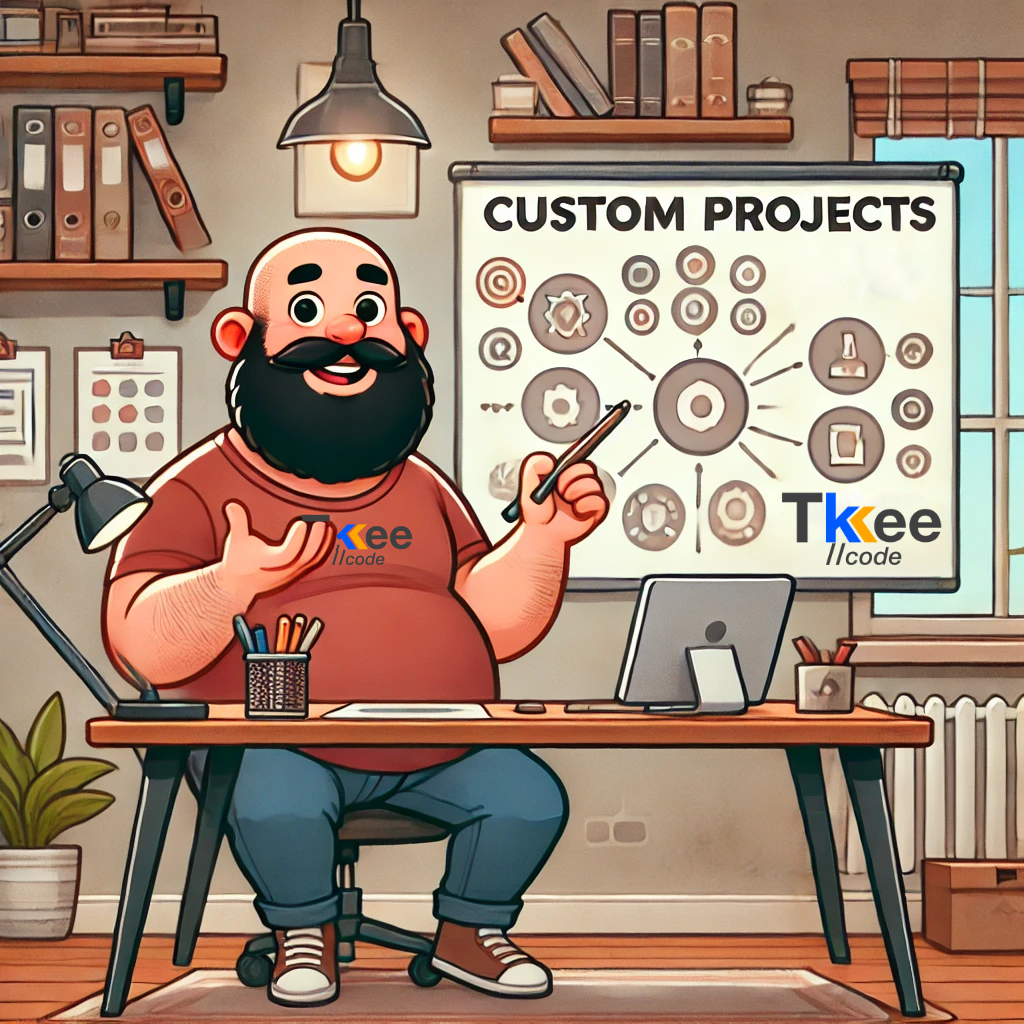 Illustration d’un développeur présentant des projets sur mesure, symbolisant l’approche personnalisée de TkeeCode dans la création de solutions numériques innovantes et sur-mesure.